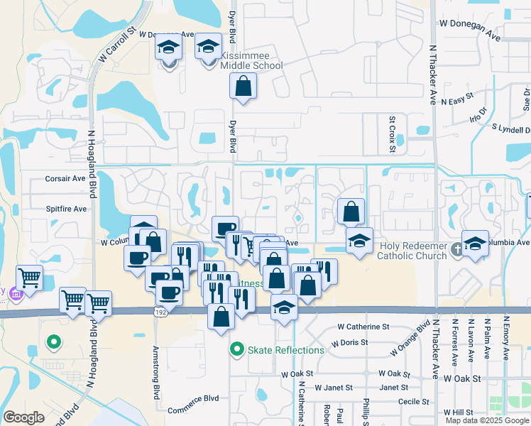 map of restaurants, bars, coffee shops, grocery stores, and more near 3131 Hempstead Avenue in Kissimmee