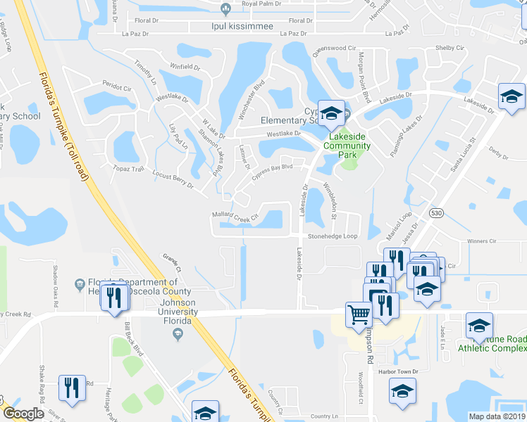 map of restaurants, bars, coffee shops, grocery stores, and more near 2155 Mallard Creek Circle in Kissimmee