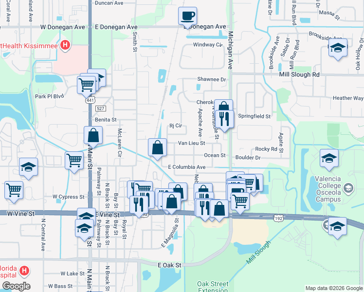 map of restaurants, bars, coffee shops, grocery stores, and more near 2009 Damon Avenue in Kissimmee
