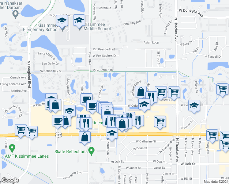map of restaurants, bars, coffee shops, grocery stores, and more near 1835 Bentley Boulevard in Kissimmee