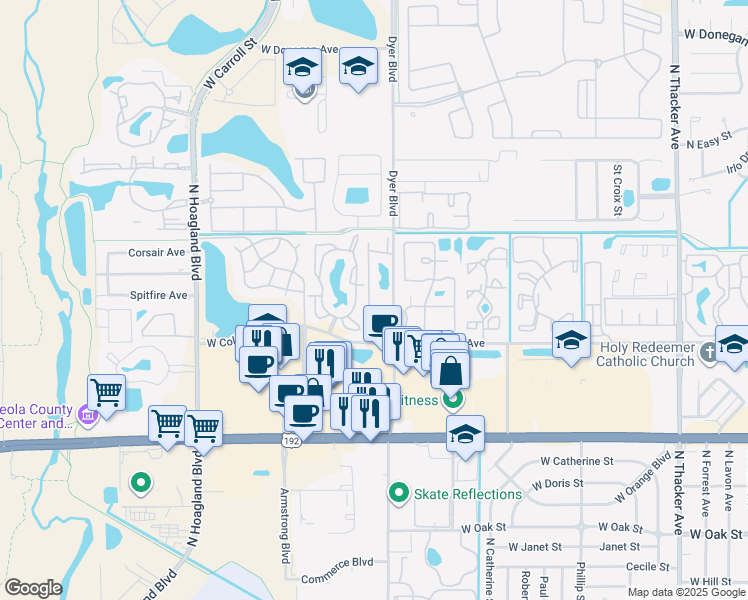 map of restaurants, bars, coffee shops, grocery stores, and more near 3512 Bonaire Boulevard in Kissimmee