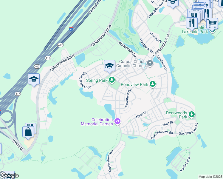 map of restaurants, bars, coffee shops, grocery stores, and more near 1111 Croton Road in Celebration