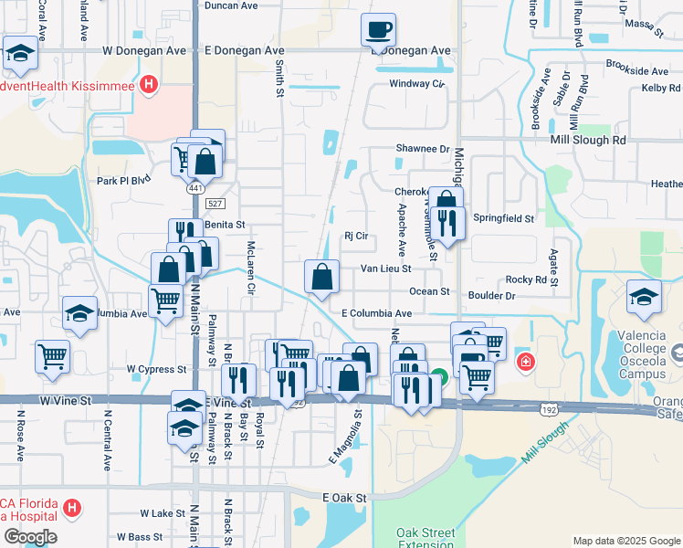 map of restaurants, bars, coffee shops, grocery stores, and more near 808 Van Lieu Street in Kissimmee