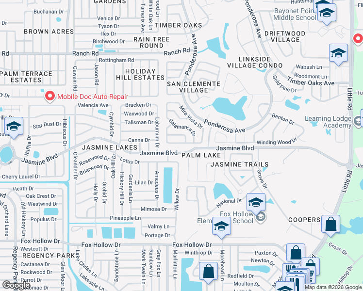 map of restaurants, bars, coffee shops, grocery stores, and more near 8031 Jasmine Boulevard in Port Richey