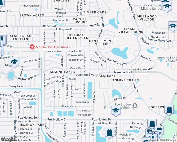 map of restaurants, bars, coffee shops, grocery stores, and more near 10438 Laburnum Drive in Port Richey