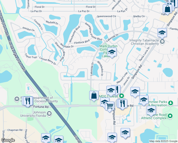 map of restaurants, bars, coffee shops, grocery stores, and more near 2114 Mallard Creek Circle in Kissimmee