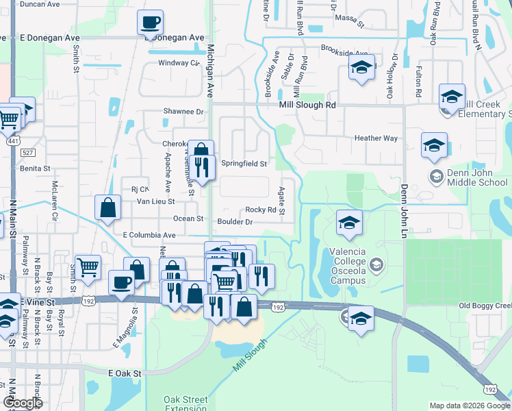 map of restaurants, bars, coffee shops, grocery stores, and more near 1355 Rocky Road in Kissimmee