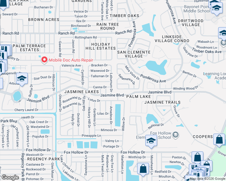 map of restaurants, bars, coffee shops, grocery stores, and more near 10438 Laburnum Drive in Port Richey