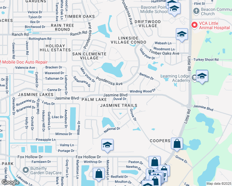 map of restaurants, bars, coffee shops, grocery stores, and more near 8325 Duval Drive in Port Richey