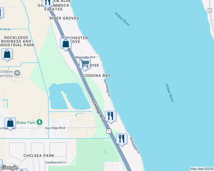 map of restaurants, bars, coffee shops, grocery stores, and more near 1728 Rockledge Drive in Rockledge