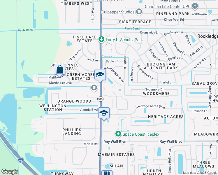 map of restaurants, bars, coffee shops, grocery stores, and more near 3010 South Fiske Boulevard in Rockledge