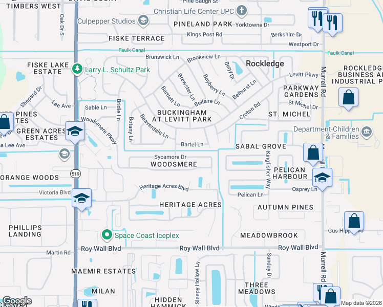 map of restaurants, bars, coffee shops, grocery stores, and more near 989 Sycamore Drive in Rockledge