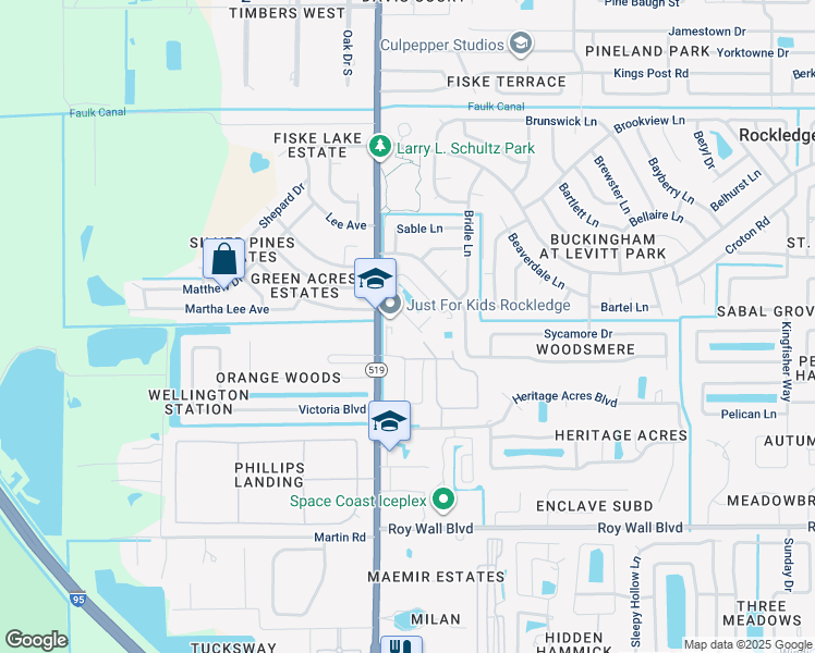 map of restaurants, bars, coffee shops, grocery stores, and more near 3010 South Fiske Boulevard in Rockledge
