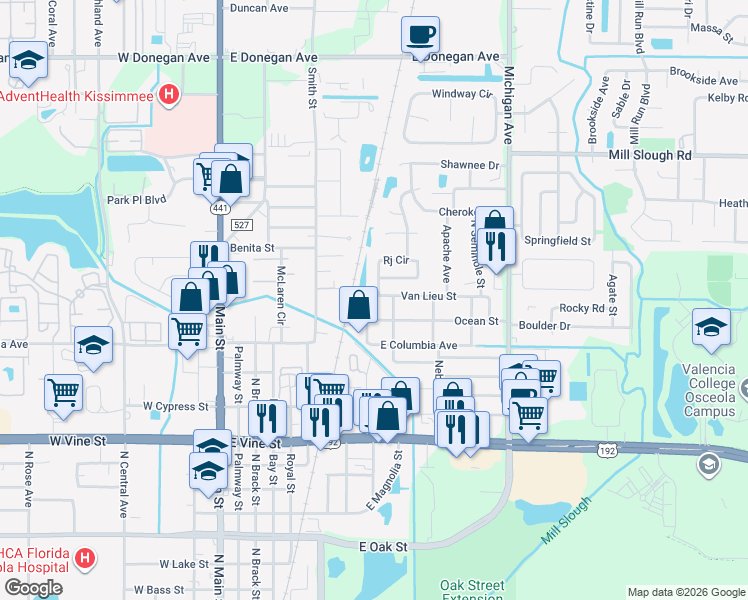 map of restaurants, bars, coffee shops, grocery stores, and more near 719 Ocean Street in Kissimmee