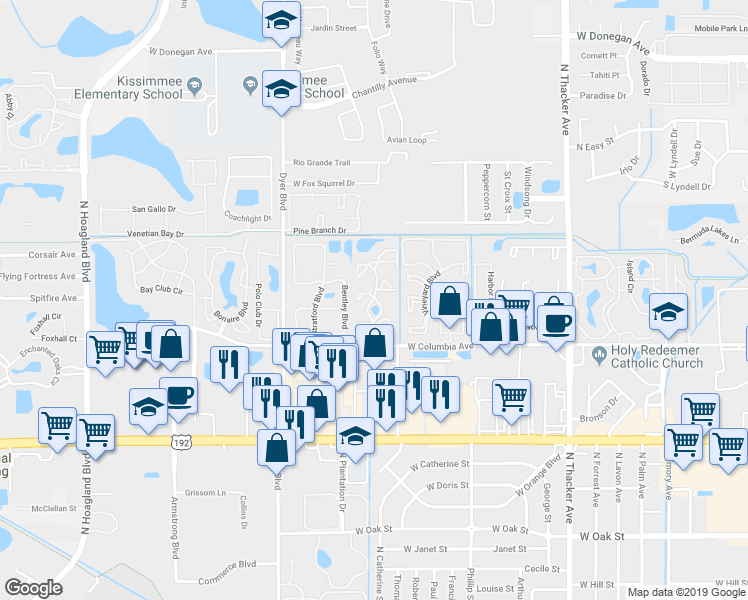 map of restaurants, bars, coffee shops, grocery stores, and more near 2101 Cascades Boulevard in Kissimmee