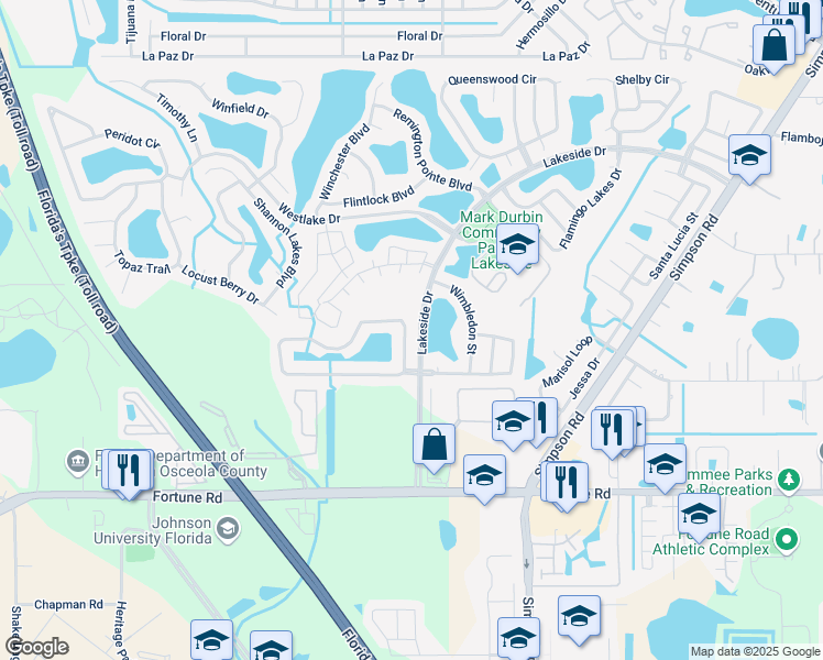 map of restaurants, bars, coffee shops, grocery stores, and more near 2116 Mallard Creek Circle in Kissimmee