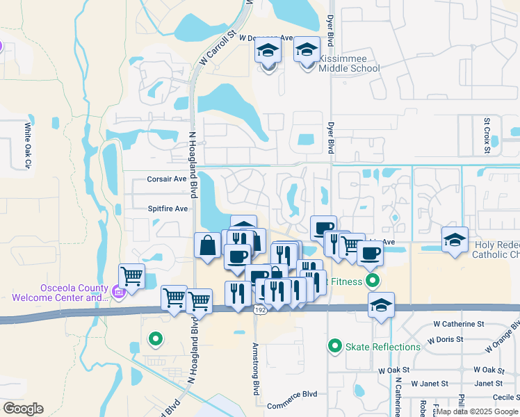 map of restaurants, bars, coffee shops, grocery stores, and more near 3806 Bay Club Circle in Kissimmee