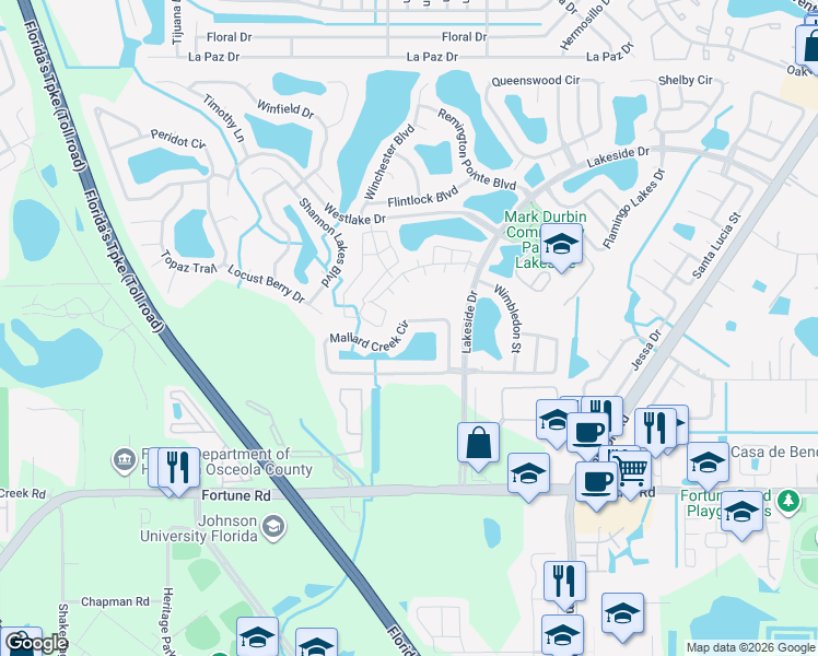 map of restaurants, bars, coffee shops, grocery stores, and more near 2149 Mallard Creek Circle in Kissimmee