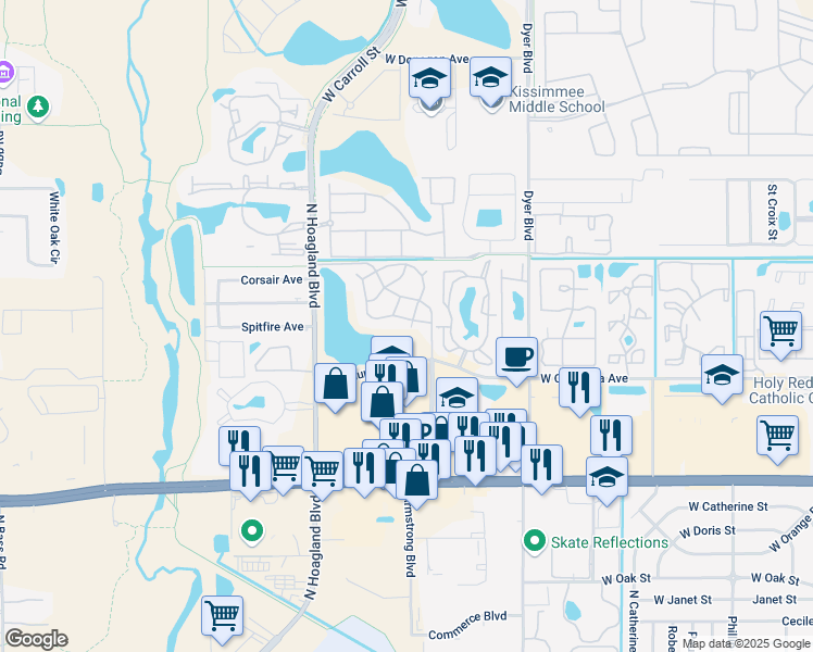 map of restaurants, bars, coffee shops, grocery stores, and more near 3806 Bay Club Circle in Kissimmee