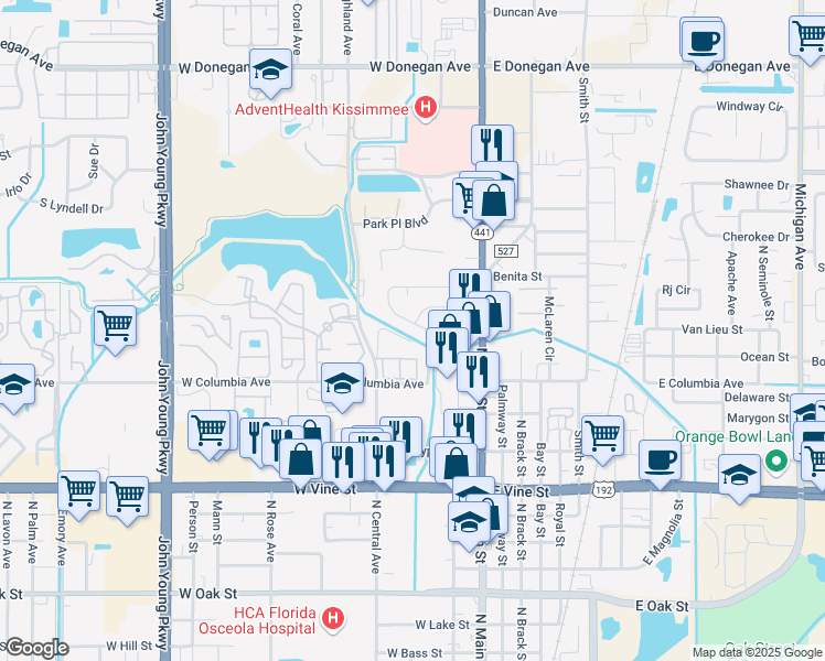 map of restaurants, bars, coffee shops, grocery stores, and more near 320 Poinciana Circle in Kissimmee