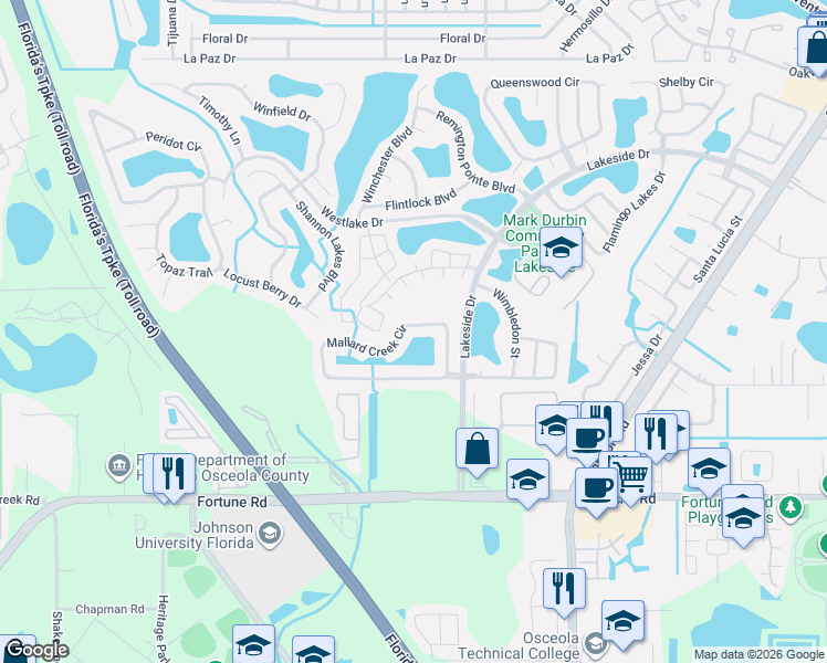 map of restaurants, bars, coffee shops, grocery stores, and more near 2155 Mallard Creek Circle in Kissimmee