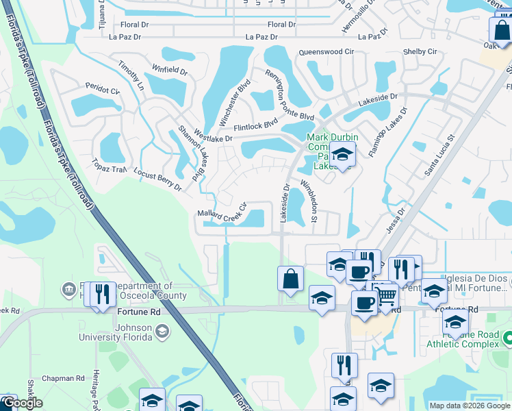 map of restaurants, bars, coffee shops, grocery stores, and more near 2155 Mallard Creek Circle in Kissimmee