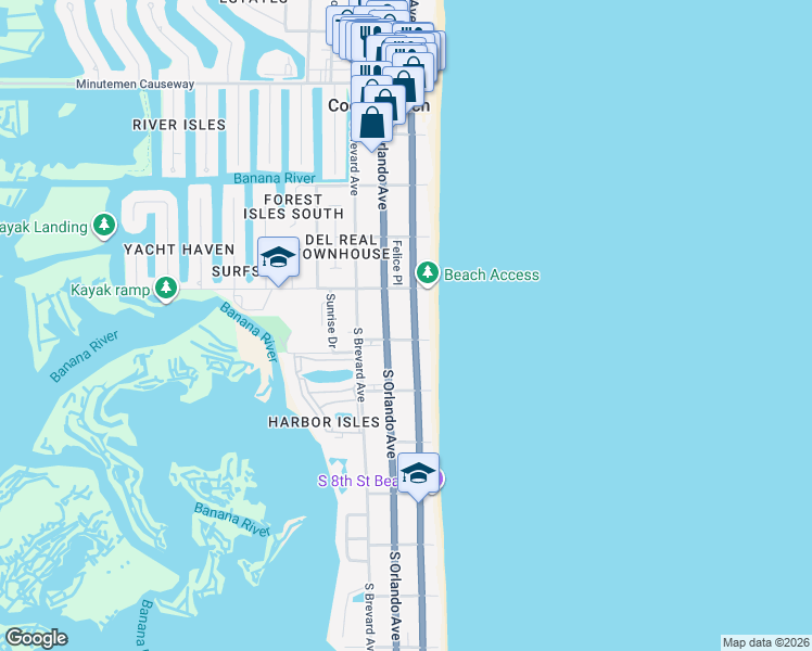 map of restaurants, bars, coffee shops, grocery stores, and more near 494 South Atlantic Avenue in Cocoa Beach