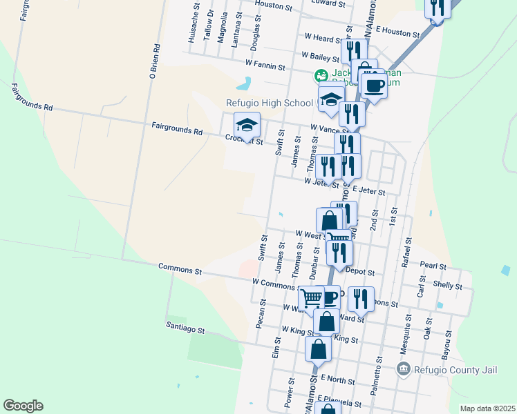 map of restaurants, bars, coffee shops, grocery stores, and more near 401 Swift Street in Refugio