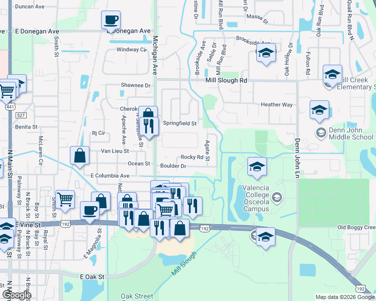 map of restaurants, bars, coffee shops, grocery stores, and more near 1355 Rocky Road in Kissimmee