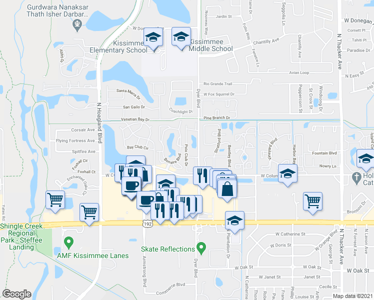 map of restaurants, bars, coffee shops, grocery stores, and more near 2113 Polo Club Drive in Kissimmee