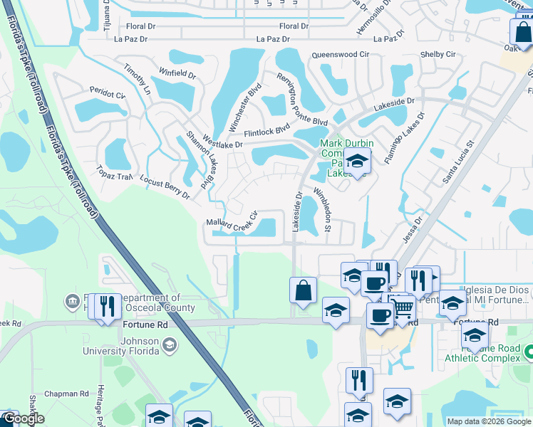 map of restaurants, bars, coffee shops, grocery stores, and more near 2155 Mallard Creek Circle in Kissimmee