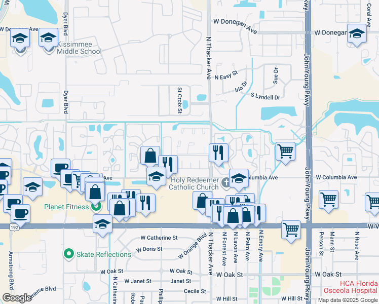 map of restaurants, bars, coffee shops, grocery stores, and more near 2102 Fountain Boulevard in Kissimmee