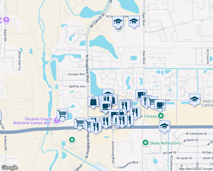 map of restaurants, bars, coffee shops, grocery stores, and more near 3822 Bay Club Circle in Kissimmee