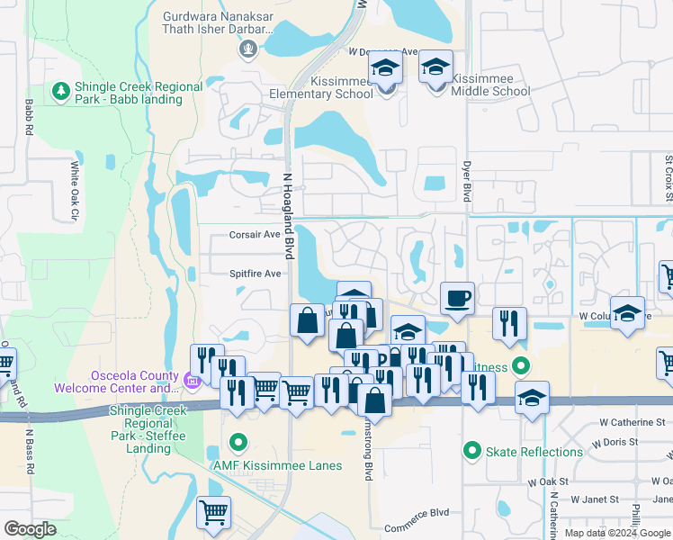 map of restaurants, bars, coffee shops, grocery stores, and more near 3822 Bay Club Circle in Kissimmee