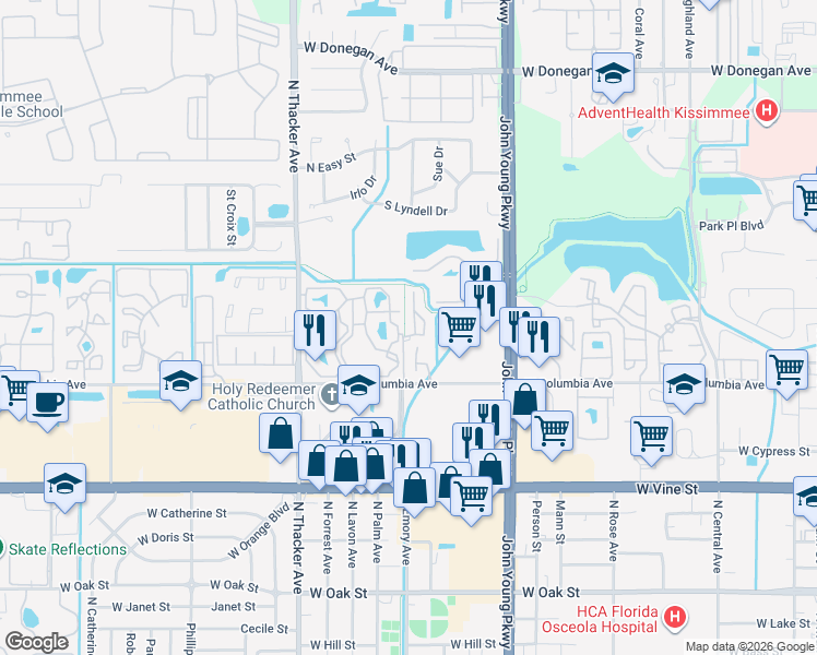 map of restaurants, bars, coffee shops, grocery stores, and more near 2104 Penny Lane in Kissimmee