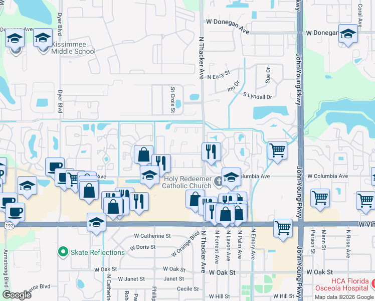 map of restaurants, bars, coffee shops, grocery stores, and more near 2102 Fountain Boulevard in Kissimmee
