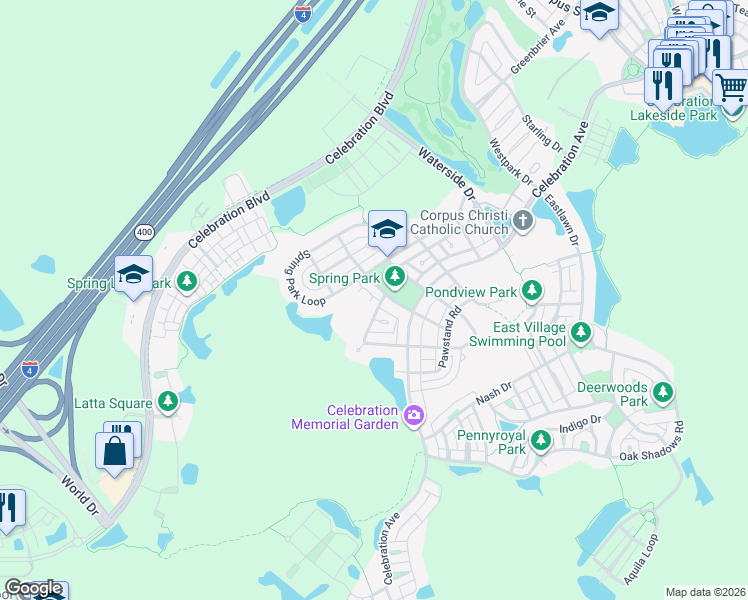 map of restaurants, bars, coffee shops, grocery stores, and more near 904 Croton Road in Celebration