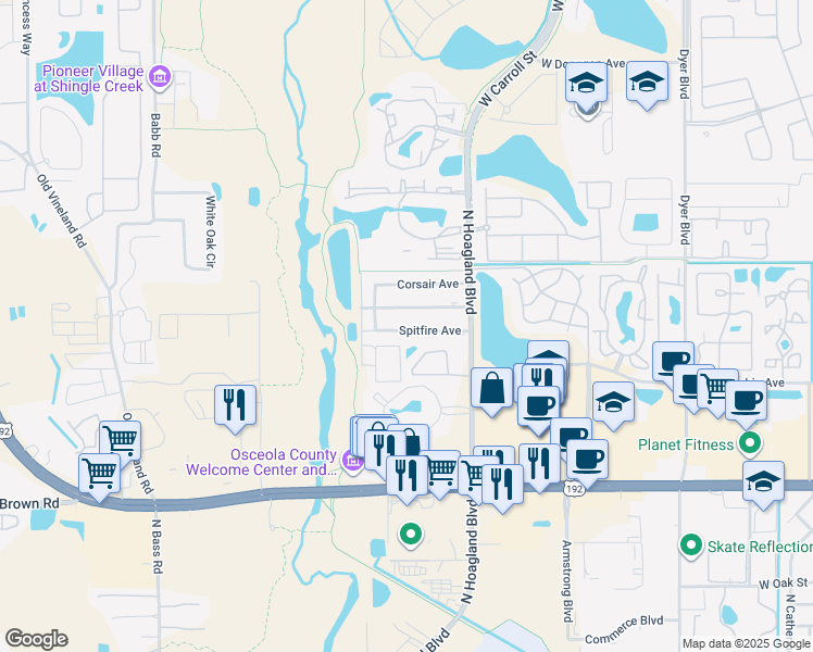 map of restaurants, bars, coffee shops, grocery stores, and more near 4144 Spitfire Avenue in Kissimmee