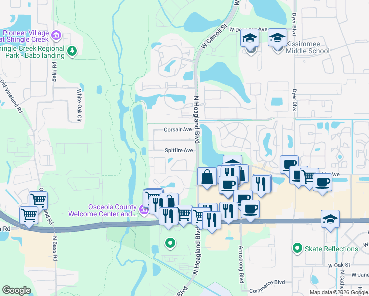 map of restaurants, bars, coffee shops, grocery stores, and more near 4106 Spitfire Avenue in Kissimmee