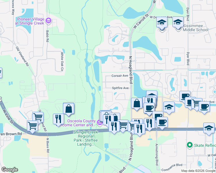 map of restaurants, bars, coffee shops, grocery stores, and more near 4178 Spitfire Avenue in Kissimmee