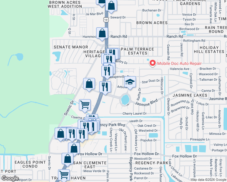 map of restaurants, bars, coffee shops, grocery stores, and more near 10515 Azalea Drive in Port Richey