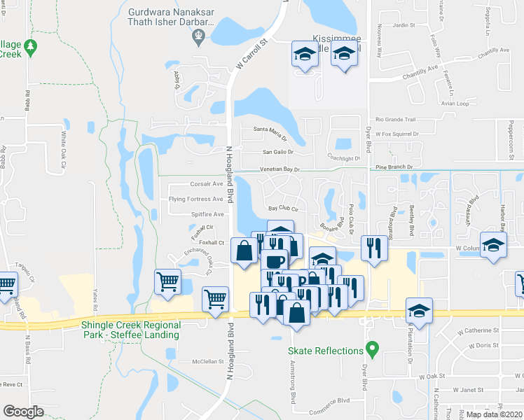 map of restaurants, bars, coffee shops, grocery stores, and more near 3822 Bay Club Circle in Kissimmee