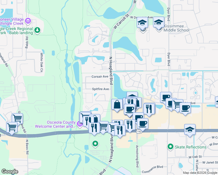 map of restaurants, bars, coffee shops, grocery stores, and more near 4106 Spitfire Avenue in Kissimmee