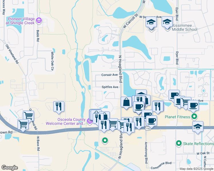map of restaurants, bars, coffee shops, grocery stores, and more near 4144 Spitfire Avenue in Kissimmee