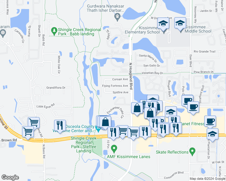 map of restaurants, bars, coffee shops, grocery stores, and more near 4144 Spitfire Avenue in Kissimmee