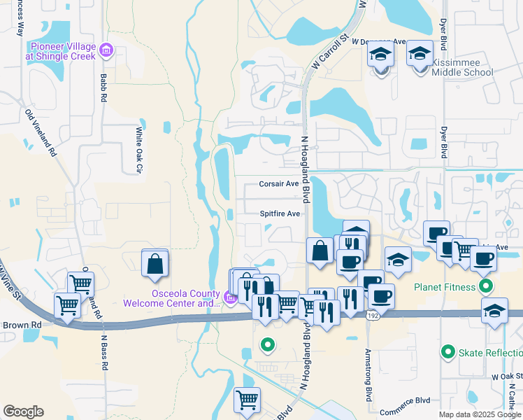 map of restaurants, bars, coffee shops, grocery stores, and more near 4178 Spitfire Avenue in Kissimmee