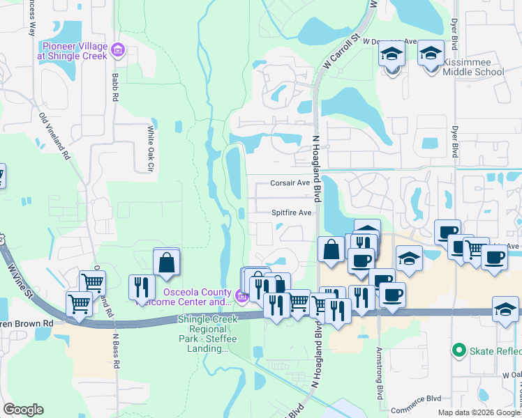 map of restaurants, bars, coffee shops, grocery stores, and more near 4178 Spitfire Avenue in Kissimmee