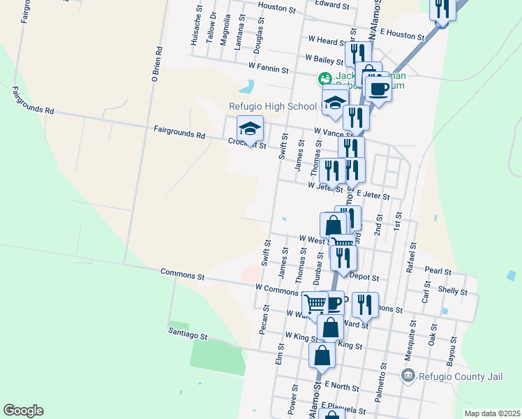 map of restaurants, bars, coffee shops, grocery stores, and more near 401 Swift Street in Refugio
