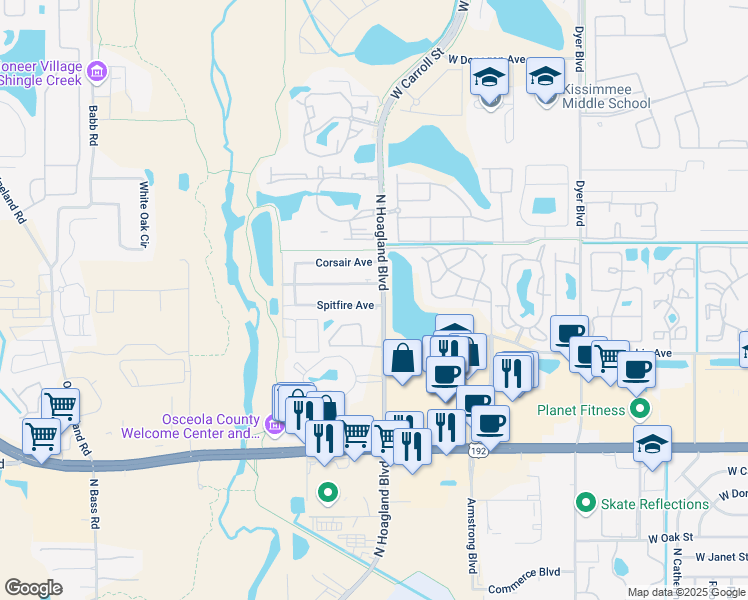 map of restaurants, bars, coffee shops, grocery stores, and more near 4106 Spitfire Avenue in Kissimmee
