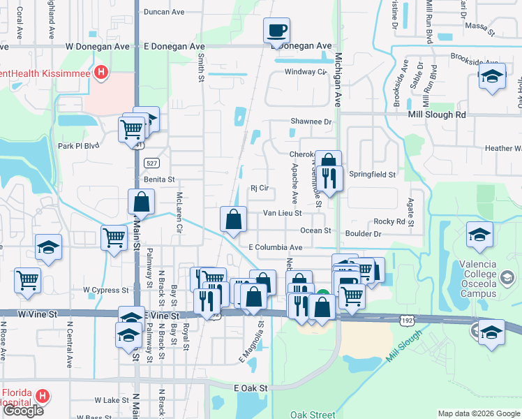 map of restaurants, bars, coffee shops, grocery stores, and more near 2009 Damon Avenue in Kissimmee